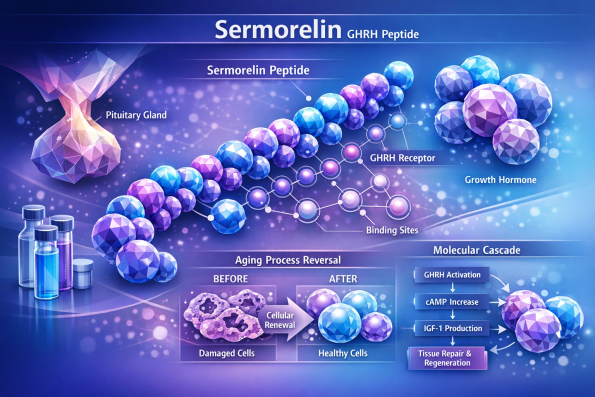 Sermorelin benefits for anti-aging research showing GHRH pathway and natural growth hormone optimization